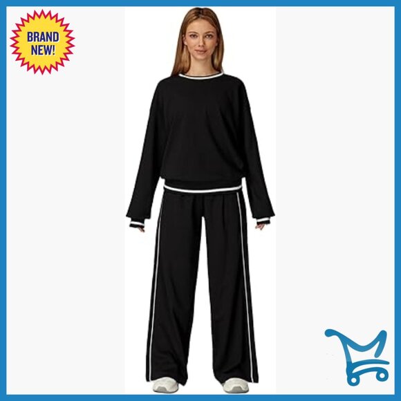 Large 2-Piece Sweatsuit Set Cotton-Poly Blend Wide Leg Pants Lounge & Active